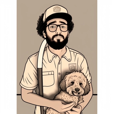 , a kids coloring page of sweet eyes handsome bearded baseball player holding a baseball bat with a small poodle symmetrical attention to detail clipart full body