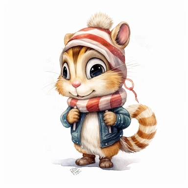 a captivating watercolor clipart image with a white background and white margins, featuring a cure sweet kawaii chipmunk. The ultra-detailed, hand-drawn elements capture the details. Use vibrant shades of various colors to create a visually appealing image