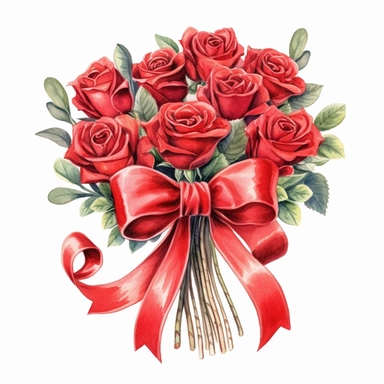 Dozen bright red roses, tied with a bow, detailed, clip art, aquarelle