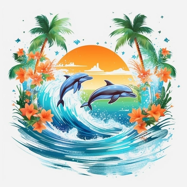 print artwork of majestic palm trees in digital painting style, dolphins jump, big sea waves, water splashes, white background, colorful fantasy flower sorround, highly detailed clean, vector image, photorealistic masterpiece, professional photography, realistic, flat white background, isometric, vibrant vector, clipart, illustration, realism, 4k, , cinematic, front view, white background,