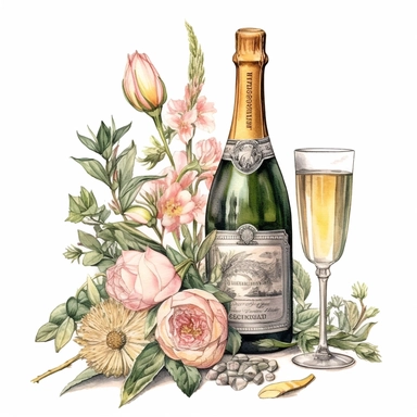 watercolor and ink styling, boho florals with champagne bottle and glasses in sage and blush tones, clipart on plain white background, garden vibes, super high detail ultra precision 16k HD, clean crisp brushwork, painted by Beatrix Potter