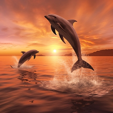 Clipart,A pair of dolphins jumping over a sunset, hyperrealistic, hyper high definition
