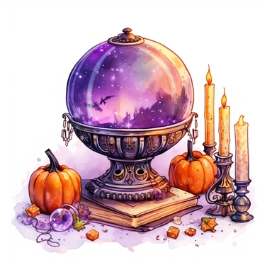 hand drawn glowing crystal ball sitting on a table with crystals, tarot cards, a wand, candles and a pumpkin, Halloween, purple and orange shades,fantasy, glamorous, , clipart style, detailed and realistic, watercolor, white background with margins