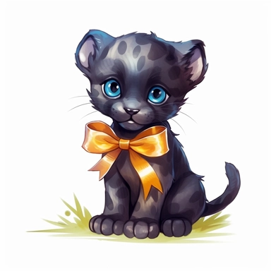 Cute cartoon black panther with bow clipart for childish cards and books, illustration style, on white background, 4k, detailed, hd, watercolor