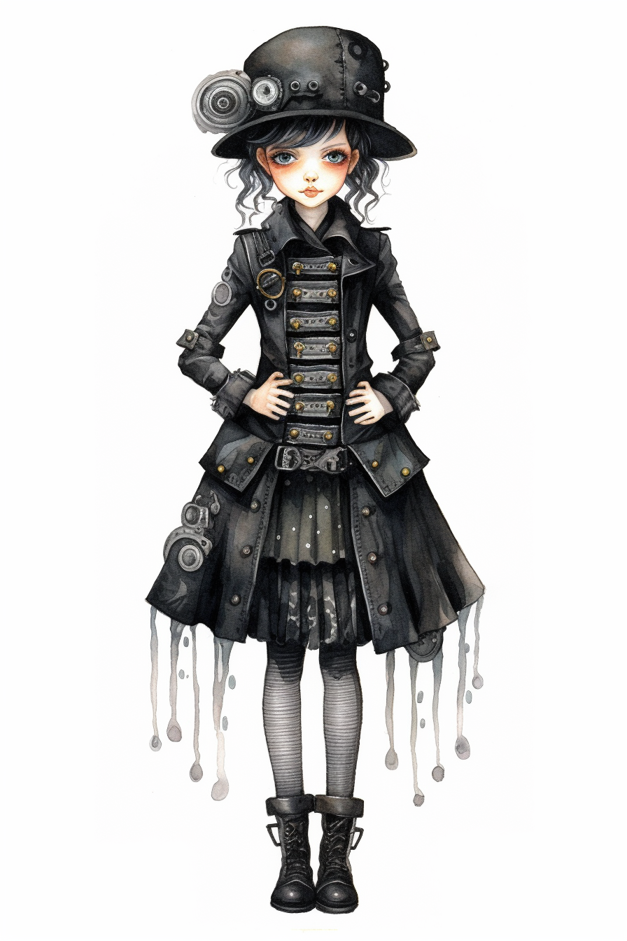 watercolor mixed media goth steampunk girl entire body in goth ...