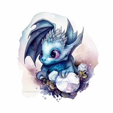 On a white background, design a stunning Watercolour Colourful Fantasy cute baby Dragon clipart graphic with intricate details of a cute face and an enchanting crystal design, highlighting a color palette of dark and mysterious shades reminiscent of a mystical cave