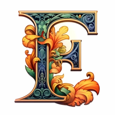 You are creating letter F in Art Nouveau illuminated initial style with clean lines and without shadows to be used as a clipart in white background