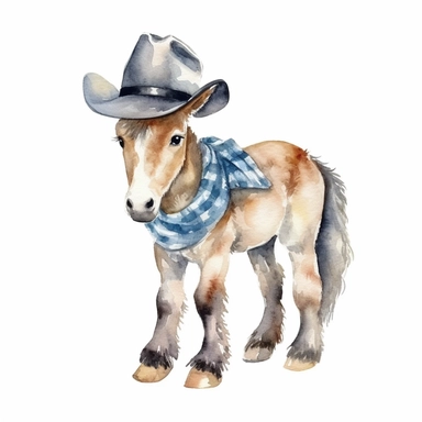 Baby horse in a cowboy hat, full body, clip art, watercolor, clean, neat.