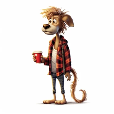 a very skinny dog with frizzed out hair, holding a mug of coffee, tired, flannel plaid pajamas, cartoon, pixar style, full body image, clipart, white background