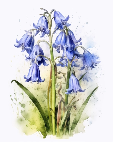 A stunning watercolor impressionist painting of bluebell flower clipart depicting it in full form. The painting is rendered in HDR, DTM, full HD, and 8K resolution, with ultra-detailed brushwork that captures every nuance and detail of the subject. The painting is created by master artists such as Artgerm, Yoshitaka Amano, or Stefan Gesell, who are known for their realism and superb skills in professional color grading. The colors are vibrant and dynamic, with soft shadows and no contrast, creat