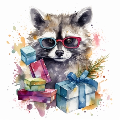 please create watercolor clipart of a raccoon smiling, wearing party GLASSES, SURROUNDED BY BIRTHDAY PRESENTS, colorful, WHITE BACKGROUND