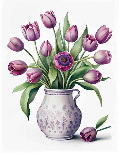 detailed vibrant watercolor bouquet of purple tulip flower in plain ceramic vase white space , isolated on white background, realistic, clipart