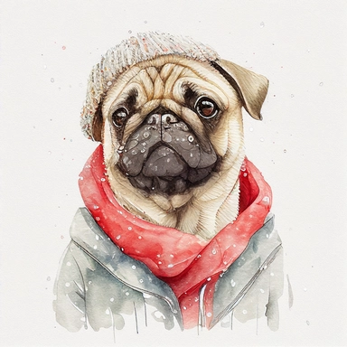watercolor cute style, cute pug in christmas winter coat, christmas head, christmas presrnts, smiles, cute, pug in red ears, it's snowing, white background, clipart