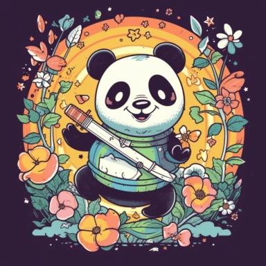 a happy panda with a bamboo shoot and a martial arts belt, depicted in a whimsical, cartoon style, surrounded by colorful flowers and butterflies. The mood of the artwork is cheerful and playful, with a soft pastel color palette. The lighting style is bright and sunny, evoking a warm and inviting feeling. clipart design graphic, vector, contour, super cute, isolated white background, high quality, 2d, flat