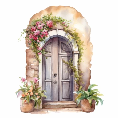 a watercolor realistic arch door and you can see colorful flowers surrounding the door clipart