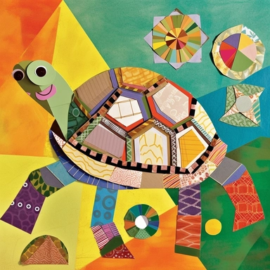 A collage of a turtle clipart with a simple and cute design, made of cut-out paper shapes in different patterns and textures. The turtle has a round body, a small head, four legs, and a curved tail. Its shell is decorated with various geometric shapes in contrasting colors. The background is a plain white paper, creating a stark contrast with the turtle’s colorful appearance. The collage has a fun and creative style, with an inventive use of materials and shapes. The perspective is frontal, crea