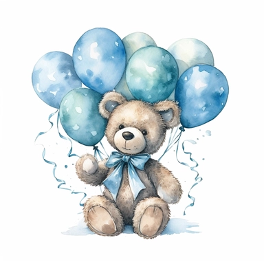 watercolor vintage baby teddy bear blue bow around his neck holding a bunch of neutral blue balloons clipart, photorealistic, detailed watercolor style, on white background