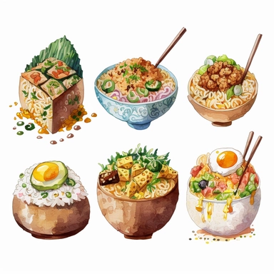 watercolor cartoon clipart of all kinds of Fried Rice