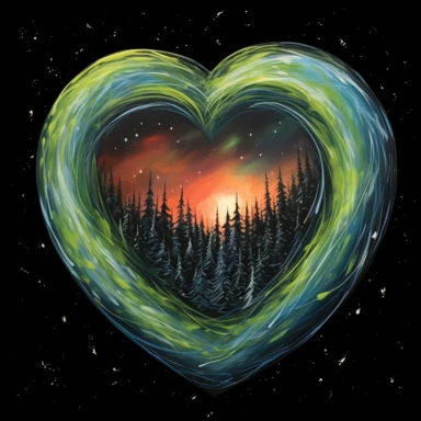 painting of a heart with the northern lights inside of it, in the style of enchanting realms, nature-inspired installations, bloomcore, mesmerizing colorscapes, skillful, fluid and organic, clipart, blank black background