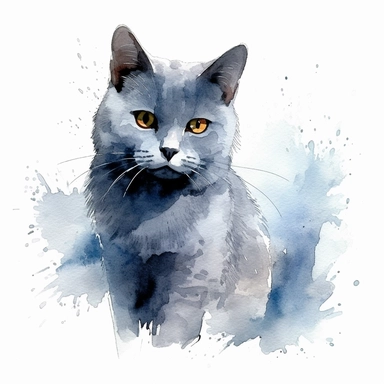 Clipart, watercolor, white background: A Chartreux cat with beautiful blue-gray fur, showcasing its unique and captivating coat color.