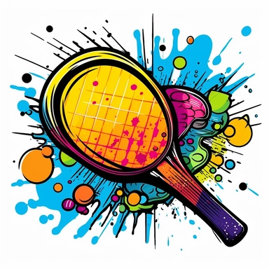 Picture an illustrated clip art of a lively pickleball racket, splashing out a series of vibrant colors from its net, expressing the energetic spirit of the sport. The design should have a cartoonish, playful vibe and a thick black outline for definition. –ar 1:1 –v 5.1 –style raw