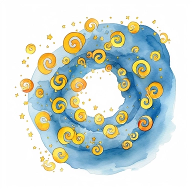a lot of little yellow suns and blue clouds flying in a spiral. Pixar childrens book cartoon style, detailed, modern, urban, watercolor, full color, flat color, white background, children book illustration. Watercolor clipart. Pixar animation
