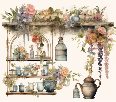 Vintage Festoon, Antiques in the style of dreamy watercolor florals, layered images, oil, Clipart style, bucolic scenes, Festoon, herries, Victorian flowers, miniaturecore, futuristic Victorian, realistic painting style, high details, Vectorized with white background, 8k, , 32k resolution, ultra high definition