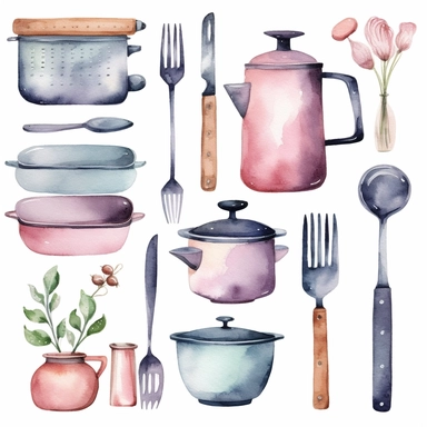 Cooking items art watercolor clipart, minimalist, soft pastel colors 8k, isolated transparent background, 4 times spaced out
