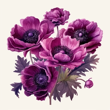 dark Magenta anemone flower bunch, watercolor, clipart, highly detailed, HD, flowers arranged in a square-shaped frame