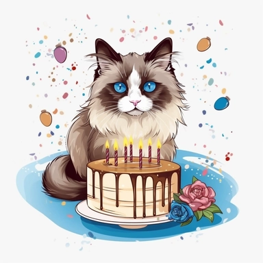 clip art, vector, white background, ragdoll cat with birthday cake