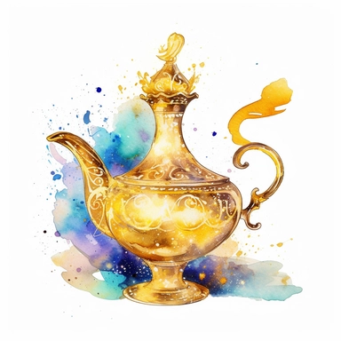 watercolor gold magic lamp, fairy tale Aladdin, clipart, white background, by Walt Disney