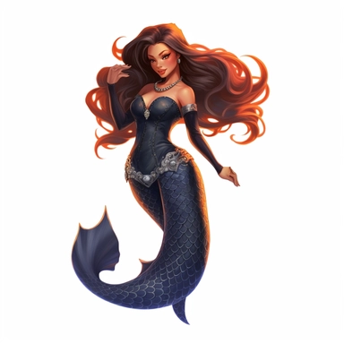 a charming black mermaid, mermaid fin, full body, artistic interpretations, watercolor, manhwa character design, in the style of artgerm, 2d game art, quadratura, clipart, on white blackground,