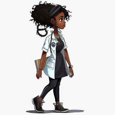 Black African Nurse girl, black hair, pun hair style style, Clip art, hand drawn, cartoon, concept art, full body, back shoes, ar 2:3, white background, stethoscope around neck