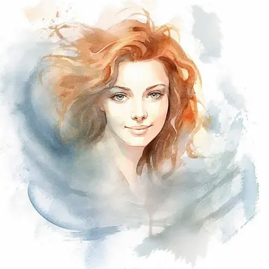 watercolour clipart of a woman, with crazy brown hair, blue-gray eyes, the sweet and scatterbrained dreamer, with a great sense of humor. She immerses herself in the world of digital design, creating exquisite papers for scrapbook albums. Though she may often forget things, her delicate touch and gentle nature shine through her artistry, make her smiling, exalted mood, white background, 8k, f1