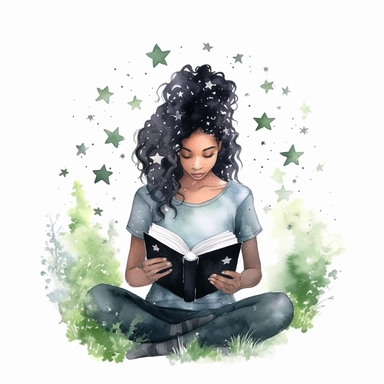 Watercolour Black teenage girl Reading Clipart, braids, forest library, surronded by fireflies, reading in a fort, Girl Studying Clipart, Book Lover , Student Clipart, Reading Png,Bookworm, hd, white background, spaced out, pastel colors, cartoon realism details--ar 3:2