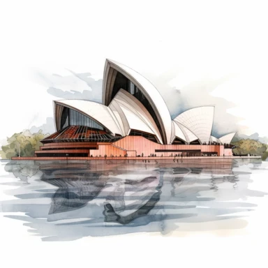 a Australia Sydney Opera House in the style of watercolour clipart with detailed brush strokes