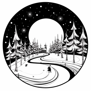 circle within image inside, black lines, detailed, flat design, simple design, basic black lines, christmas clipart with santa and christmas tree, white background, clipart style, one image, black and white,