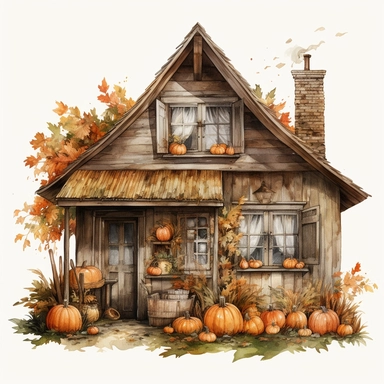 Hand drawn, Thanksgiving themed , a rustic house decorate with thanksgiving elements, watercolor clipart, single object, high definition 8k, single object, png, transparent, 4K, white background for removing background