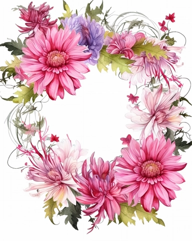 detailed vibrant watercolor attractive pink aster flower wreath with very wide middle white space , isolated on white background, realistic, clipart