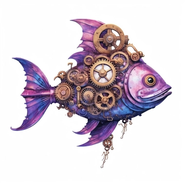 Steampunk styled fish statue with watercolor effect,unrealistic fantastic,white background,suitable for digital cliparts,fantastic scene,high quality,purple colors