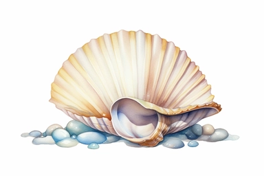 Watercolor, Design an image featuring a white clam shell, highlighting its rounded and pearly appearance, clipart, hd, on a white background, spaced out