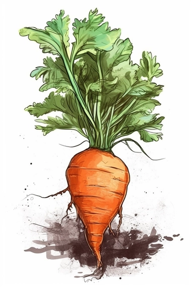 a large carrot with leaves, tshirt design clip art, watercolor style of art on a white background
