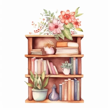 watercolor style, a bookshelf with multiple books, flowers and other decorations on it, realistic, delicate shades, clipart, isolated on white background, 4K