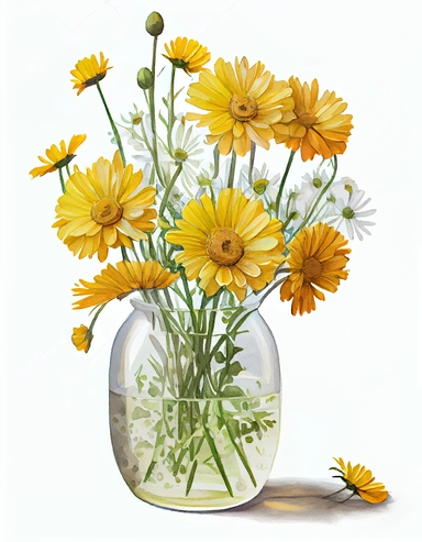 detailed vibrant watercolor bunch of yellow daisy flowers in glass vase with water in white space , isolated on white background, realistic, clipart
