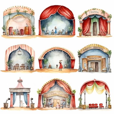 watercolor 1910s 1920s 1930s 1940s theatre stage, illustrations clipart set, simple, , cartoon elements ,different variants ,shows,separate elements with a margin