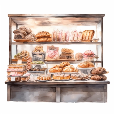 watercolor, hyper realistic, no background, have margins, 8k, ultra detailed clipart, no text, no logo, no trademark a bakery display with light pink accents, showcasing all the delicious baked goods available at the shop