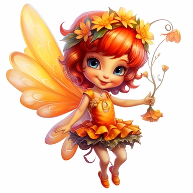Enchanting little fairy with orange wings, perched delicately on a flower, enchanting viewers with a charming smile, deep, expressive eyes, and twinkling wings, on a white canvas with deep, captivating colors and high contrast. clipart