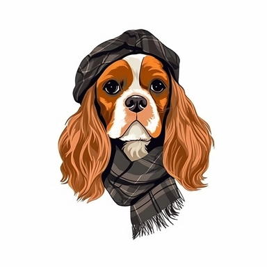 fashion Cavalier King Charles Spaniel With funny haircut clipart, white background, flat colors