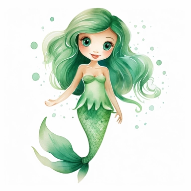 watercolor little mermaid clipart, fish tail, green tone colors, big eyes, smiling, lovely, adorable, full body, on white background