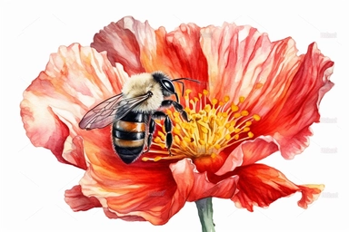 Aquarelle Bumble Bee Clipart a poppy flower, detailed painting, white background, single design, isolated white background, 8k, spaced out